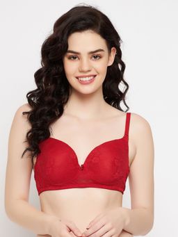 Clovia - Lace Printed Padded Full Cup Wire Free T-Shirt Bra - Red