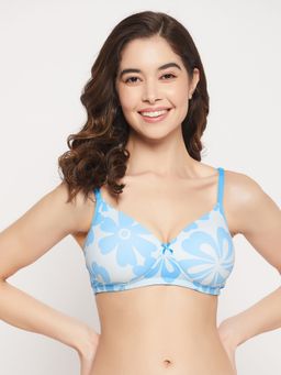 Clovia - Polyamide Printed Padded Full Cup Wire Free T-Shirt Bra - Blue