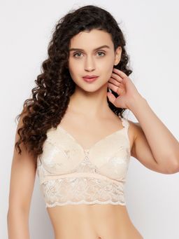 Clovia - Lace Printed Padded Full Cup Wire Free Bralette Bra - Nude