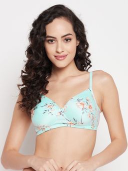 Clovia - Cotton Printed Padded Full Cup Wire Free T-Shirt Bra - Blue