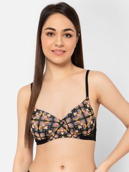 Clovia - Polyamide Printed Padded Full Cup Wire Free T-Shirt Bra - Black