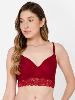 Clovia - Lace Printed Padded Full Cup Wire Free Bralette Bra - Maroon