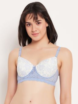 Clovia - Polyamide Printed Padded Full Cup Wire Free T-Shirt Bra - Blue