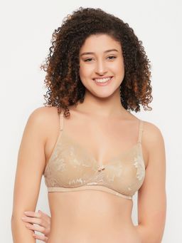 Clovia - Lace Printed Padded Full Cup Wire Free Full Figure Bra - Beige