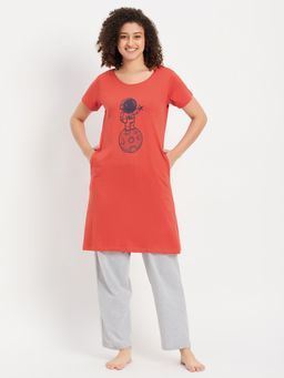 Clovia - Astronaut & Moon Print Short Night Dress & Pyjama With Elastic Waistband (Set of 2)