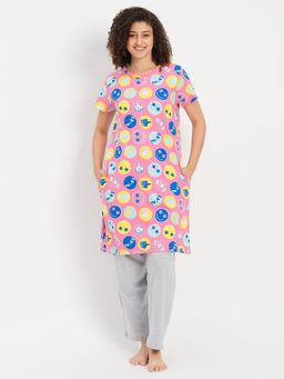 Clovia - Emoji Print Short Night Dress & Pyjama With Elastic Waistband (Set of 2)