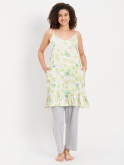 Clovia - Pyjama with Elastic Waistband & Emoji Print Short Night Dress (Set of 2)