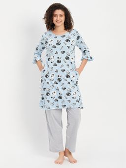 Clovia - Pyjama with Elastic Waistband & Sheep Print Short Night Dress (Set of 2)