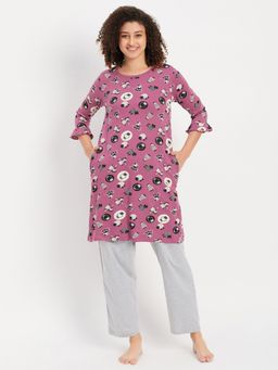 Clovia - Pyjama with Elastic Waistband & Sheep Print Short Night Dress (Set of 2)