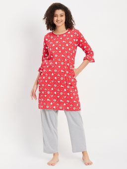 Clovia - Pyjama with Elastic Waistband & Sheep Print Short Night Dress (Set of 2)
