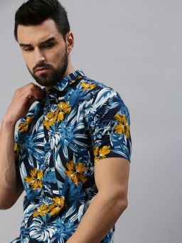 SHOWOFFFF - Men Casual Cotton Printed Slim Fit Shirts-blue