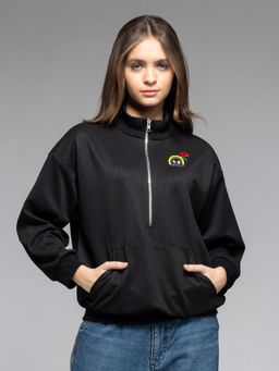 SHAYE - High-Neck Black Solid Long Sleeves Sweatshirt