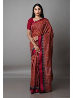 Unnati Silks - Pastel Dark Pink Block Printed Sico Saree with Unstitched Blouse