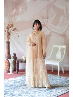 Farha Syed - Beige Jacket with Sharara and Dupatta (Set of 3)