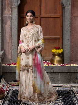 Farha Syed - Beige Kurta with Sharara, Inner and Dupatta (Set of 4)