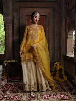 Farha Syed - Yellow Kurta with Inner, Sharara and Dupatta (Set of 4)