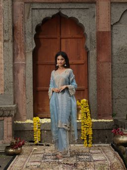 Farha Syed - Blue Kurta with Inner, Pant and Dupatta (Set of 4)