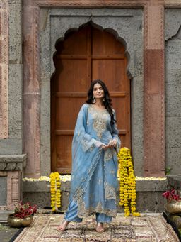 Farha Syed - Blue Kurta with Inner, Pant and Dupatta (Set of 4)