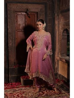 Farha Syed - Pink Kurta with Inner, Dhoti and Dupatta (Set of 4)