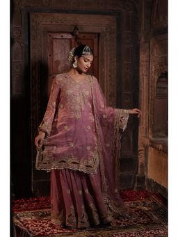 Farha Syed - Pink Kurta with Inner, Sharara and Dupatta (Set of 4)