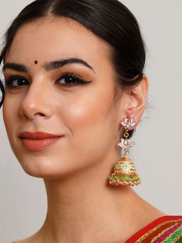 Karatcart - Gold Plated Pink and Light Green Crystal Kundan Jhumki Earrings for Women