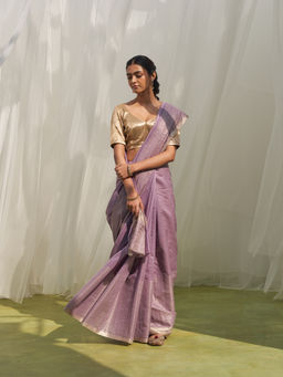 Five Point Five - Purple Stripes Woven Saree with Unstitched Blouse
