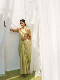 Five Point Five - Yellow Stripes Woven Saree with Unstitched Blouse