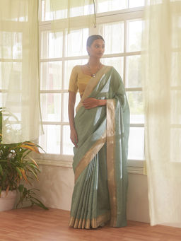 Five Point Five - Green Zari Stripes Woven Saree with Unstitched Blouse