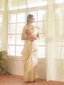 Five Point Five - Asymmetric Gold Zari Stripes Woven Saree with Unstitched Blouse