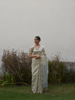 Five Point Five - Green Asymmetric Gold Zari Stripes Woven Saree with Unstitched Blouse