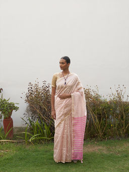 Five Point Five - Pink Asymmetric Gold Zari Stripes Woven Saree with Unstitched Blouse