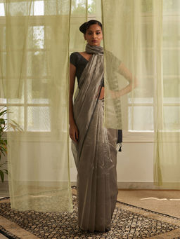Five Point Five - Silver Stripes Of Chanderi Cotton Woven Saree with Unstitched Blouse
