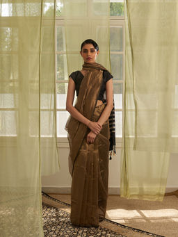 Five Point Five - Gold Stripes Of Chanderi Cotton Woven Saree with Unstitched Blouse