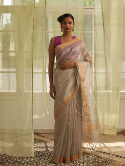 Five Point Five - Grey Polka Dots Woven Saree with Unstitched Blouse