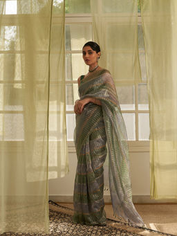Five Point Five - Green Stripes Woven Overall Saree with Unstitched Blouse