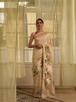 Five Point Five - Cream Bird Motif Woven Paithani Border Saree with Unstitched Blouse
