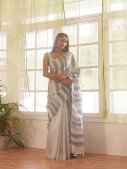 Five Point Five - White Stripes Saree with Unstitched Blouse