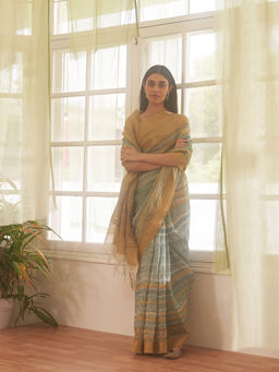 Five Point Five - Green Print Stripes and Woven Saree with Unstitched Blouse