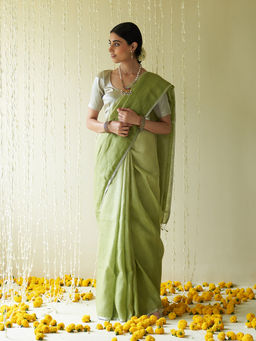 Five Point Five - Green Woven Stripes On Pallu Saree with Unstitched Blouse