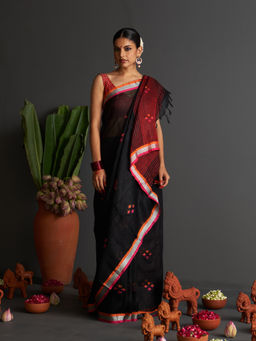 Five Point Five - Black Motif Woven Overall Saree with Unstitched Blouse