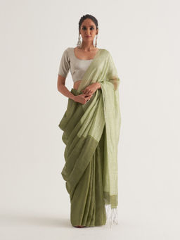 Five Point Five - Green Stripes Saree with Unstitched Blouse