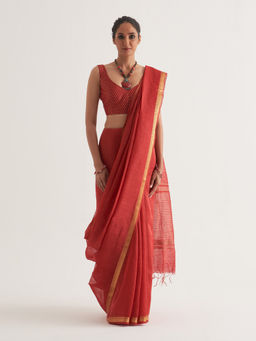 Five Point Five - Red Woven Border and Stripes Saree with Unstitched Blouse