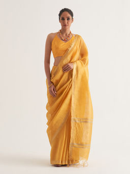 Five Point Five - Yellow Woven Border Saree with Unstitched Blouse