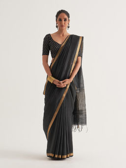 Five Point Five - Black Woven Border and Stripes Saree with Unstitched Blouse