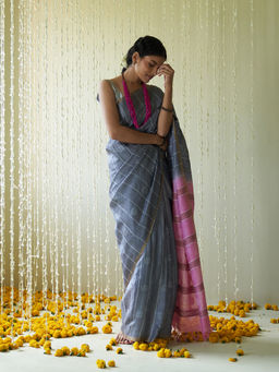 Five Point Five - Blue Stripes Woven Overall Saree with Unstitched Blouse