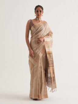 Five Point Five - Beige Stripes Saree with Unstitched Blouse