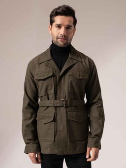 Perch - Men Olive Green Four Pocket Solid Coat with Belt (Set of 2)