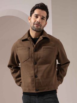 Perch - Men Brown Solid Felt Two Pockets Crop Jacket