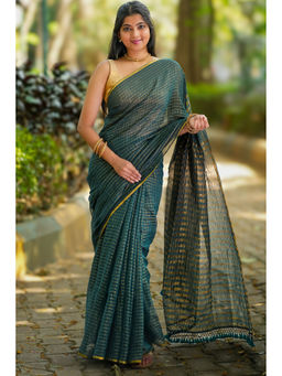 I LOVE SAREES - Handwoven Teal Bamboo Cotton Saree with Unstitched Blouse