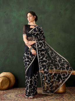 Suha - Womens Ethnic Black Saree with Unstitched Blouse
